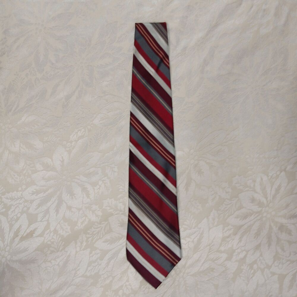 Vintage Paul Dione 100% Silk Tie Maroon Grey Tan Gold Diagonal Stripe Mens